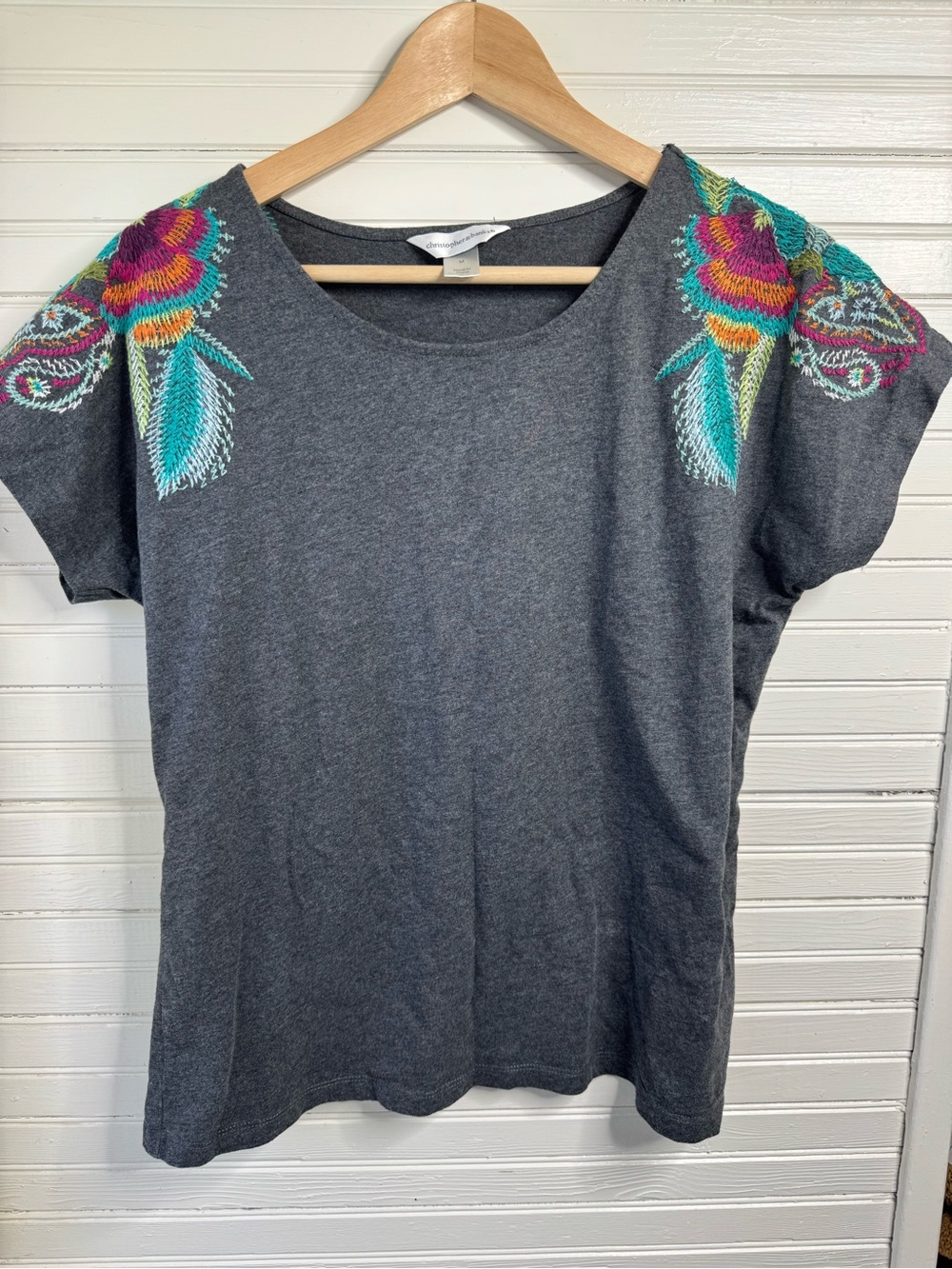 Christopher & Banks Embroidered Shoulder Floral Tee - Charcoal